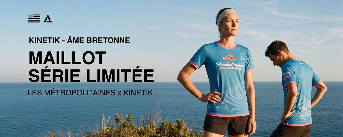 Maillot série limitée Les Métropolitaines × Kinetik, porté par une coureuse et un coureur face à la mer