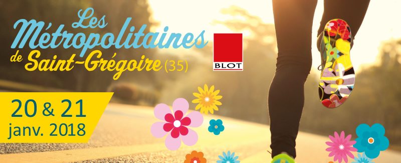 Le logotype manuscrit « Les Métropolitaines de Saint-Grégoire » sur une photo de foulées au petit matin, une chaussure fleurie en surimpression, la date dans un cartouche jaune.