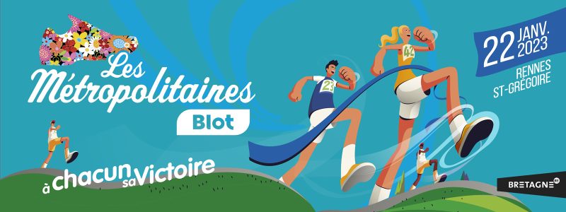 Rupture graphique : fond turquoise, trois coureurs dessinés emportés par un ruban bleu, la signature « à chacun sa victoire » et la date sur un aplat.