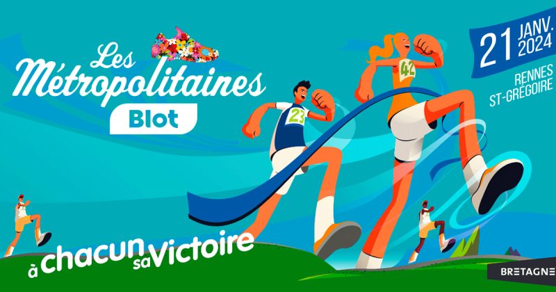La même illustration turquoise, cadrage resserré sur les trois coureurs et le ruban bleu.