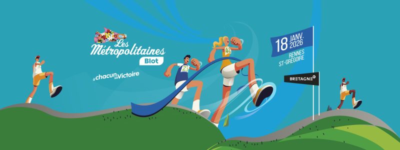 L'illustration élargie, les coureurs plus petits dans le décor, la date portée par un panneau planté au bord du chemin.